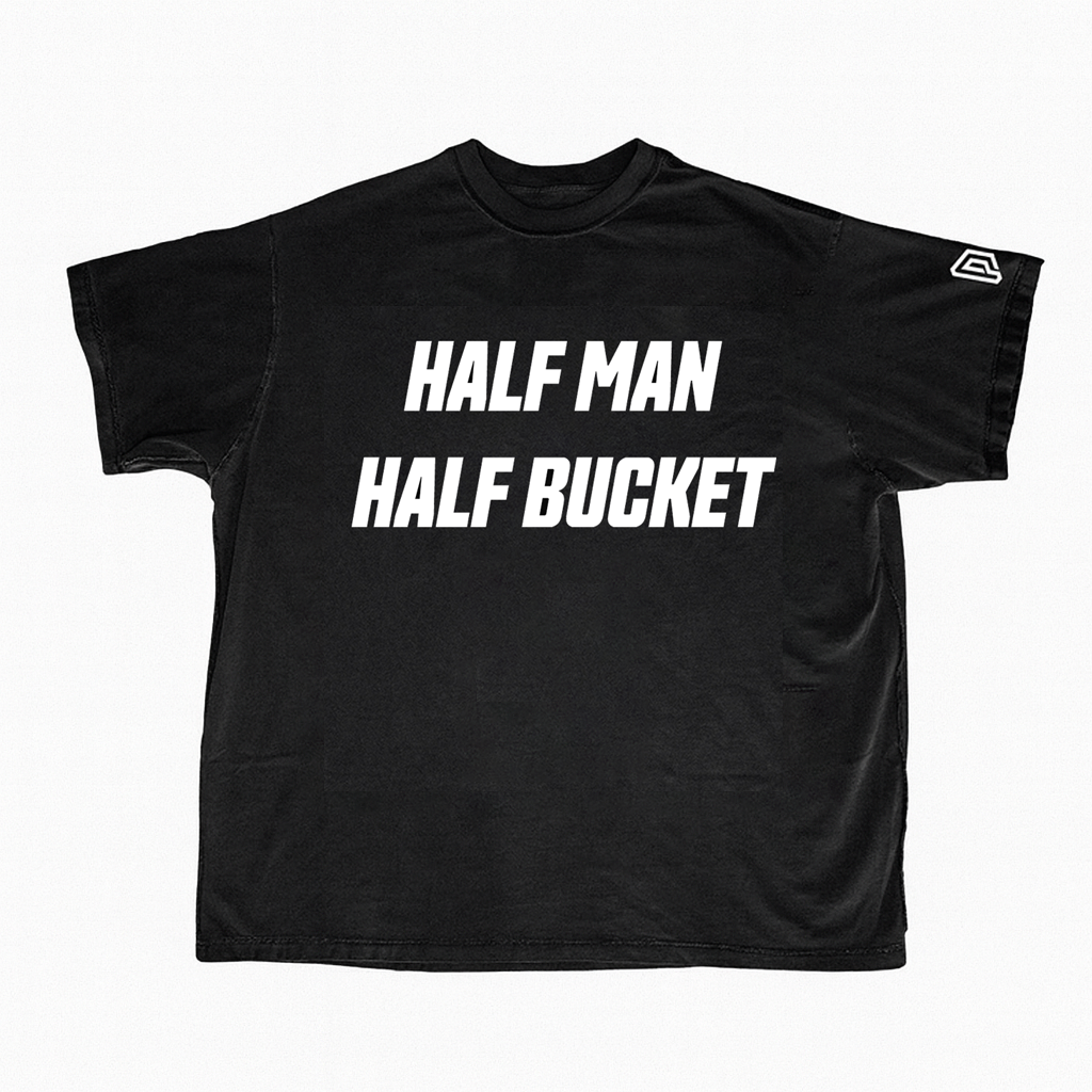 halfmanhalfbuckettext-black-na Half Man Half Bucket Text T Shirt
